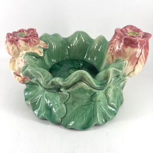 Bowl Majolica-Style Water Lily Centerpiece Ceramic Trinket Bowl 10.5” W x 6”T